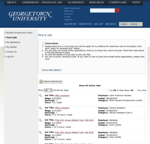 HoyaWorks, the website for finding on-campus jobs.