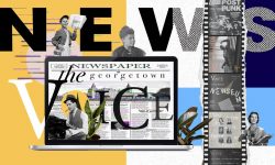 The word "news" appears above a laptop surround by the pictures of famous journalists and images from Georgetown's campus.