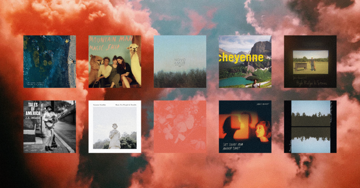 various album covers of songs mentioned in the article with a pink cloud backgorund