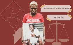 Kenithia Alston, who has short blonde hair and wears a red shirt, holds a square photo of her son, Marqueese, who is sitting on a front porch and wearing all white. The background of the image is red and includes a map of D.C. with Ward 8 highlighted, the scales of justice, and the words "A mother who wants answers for her son."