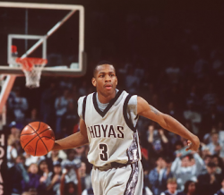 Allen Iverson of the Georgetown Hoyas dribbles the ball during a