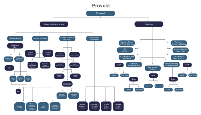 The flowchart shows the organization of the provost's office.