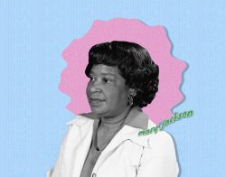 Mary Jackson superimposed on blue background with pink bubble behind her and her name with green text floating above her left shoulder.