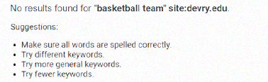 A search result for "basketball team" on DeVry's website comes up empty