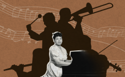 Margaret Bonds sits at the piano while shadows of musicians play behind her