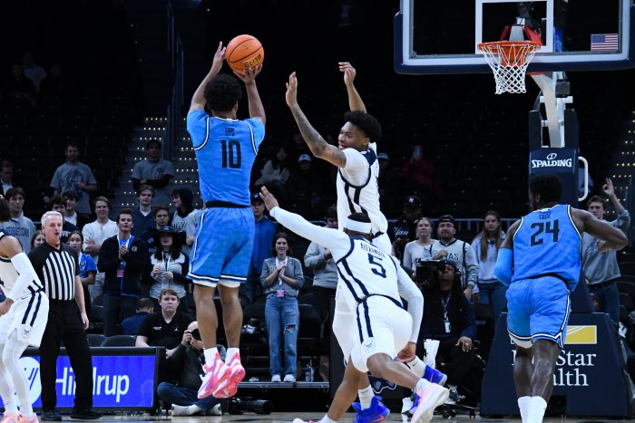 Georgetown men's basketball guard Jayden Epps attempts a three-pointer against Butler