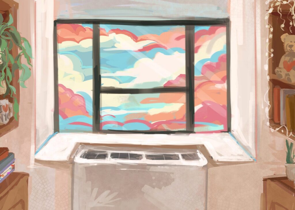 The image shows a dorm room window displaying a blue sky with rainbow-colored clouds.