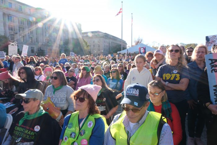 A large crowd of protesters gather for the Women's March. The sun shines brightly, causing a lens flare.