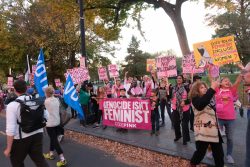 A group of protesters wearing pink gather on the side of the Women's March. They are carrying signs against militarism and a large banner that reads, "Genocide isn't feminist."