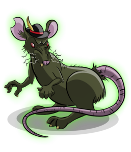A brown rat that is glowing green and showing its ass. The rat looks evil.