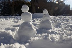 Two snowmen on Healy Lawn.