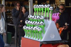 Green toy microphones with panda heads on the top are on display for sale at the zoo.