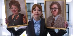 Philomena Cunk holding up two portraits of herself dressed up as two different characters.