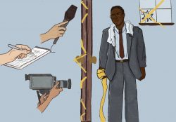 A drawing on a blue background shows hands holding a microphone, aiming a camera, and writing in a notebook towards a door covered in caution tape. On the other side of the door is a drawing of John Thompson, wearing a grey suit with a maroon tie. Thompson is wearing a white towel over his shoulder. In Thompson’s hand he holds a roll of the yellow caution tape. Behind Thompson is a window with a shattered pane taped off.