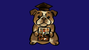 A bulldog wearing a graduation cap and holding a print copy of the Voice with a dark blue background.