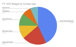 Pie chart titled "FY 2025 Budget by revenue type" showing the percentage breakdown of revenue sources. The largest portion is "Tuition minus financial aid" at 43.0%, followed by "Grants and Contracts" at 20.8%, "Endowment Income" at 11.4%, "Sales and Services" at 10.6%, "Contributions" at 7.6%, and "Other Services" at 6.6%. Each segment is color-coded and labeled with its respective percentage.