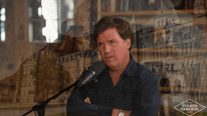An image shows Tucker Carlson speaking with newsprint and a picture of Healy Hall overlaid in the background