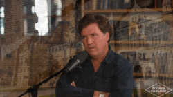An image shows Tucker Carlson speaking with newsprint and a picture of Healy Hall overlaid in the background