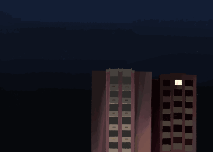 Two tall dormitory buildings and the night sky. One room, on the top floor of one of the buildings, is lit.