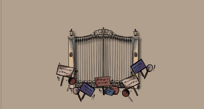 Closed gates surrounded by protest signs