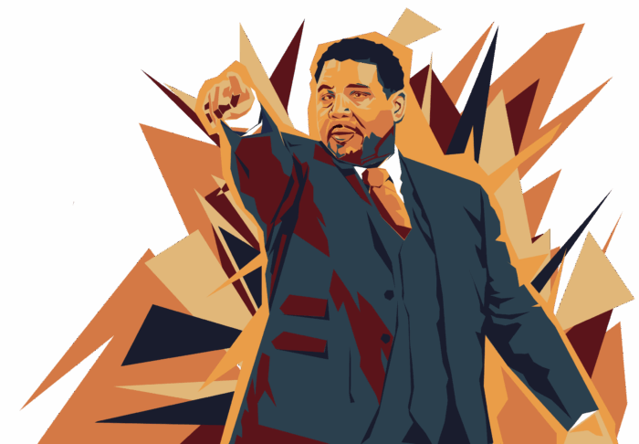 colorful drawing of Ed Cooley pointing with firework design behind him