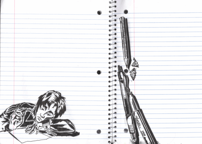 A notebook with black ink doodles of a student writing a paper and writing utensils.
