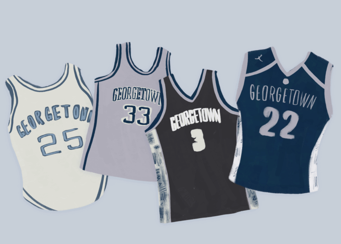 A drawing of Georgetown men's basketball jerseys from different decades on a light blue background.