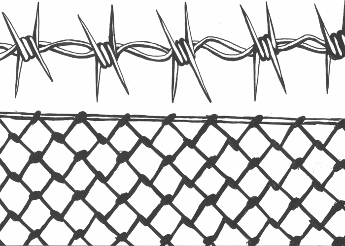 Gates formed by a fishnet pattern and barbed wire