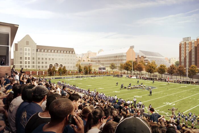 Georgetown's football field on game day, looking from the crowd's perspective