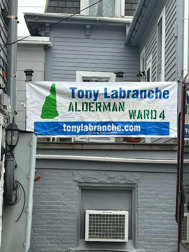 A promotional banner above a home for Tony Labranche, with a green New Hampshire outline and details such as his ward number.