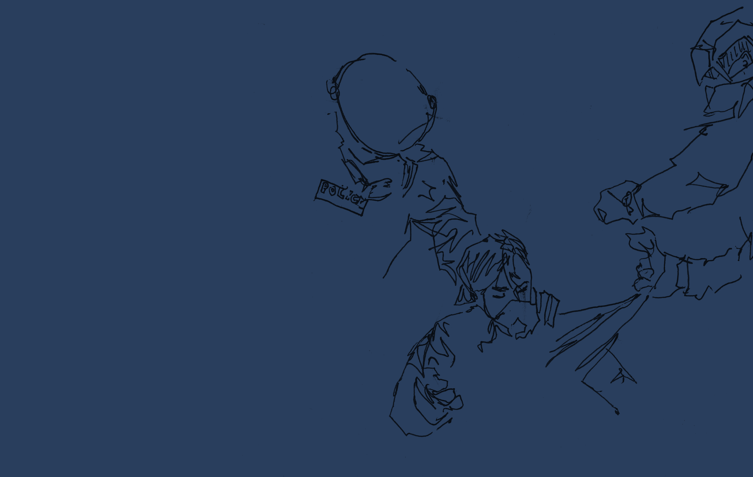 A sketch shows two Immigration and Customs Enforcement agents dragging a protester who is wearing a gas mask by their shirt.